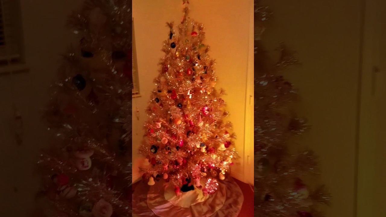 Vintage tinsel aluminum Christmas tree with all authentic 1950s Jewel Brite ornaments
