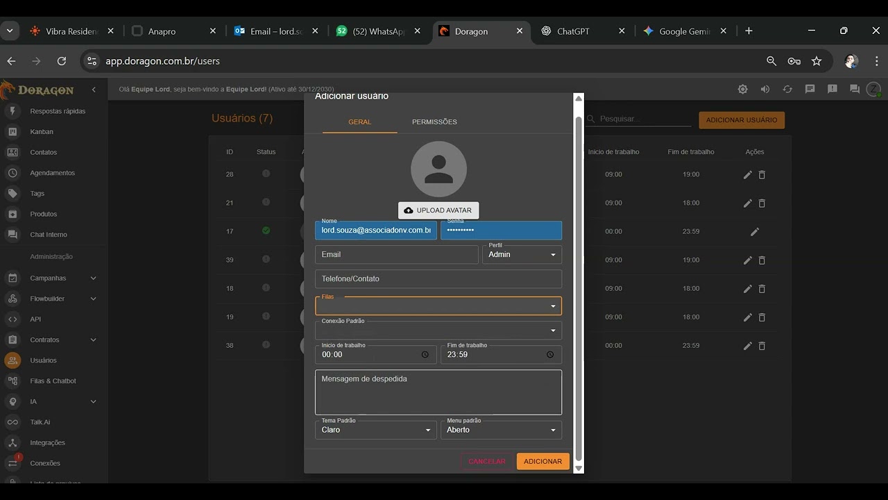2   Aula   Filas   Usuarios   Conexões   Flowbuilder