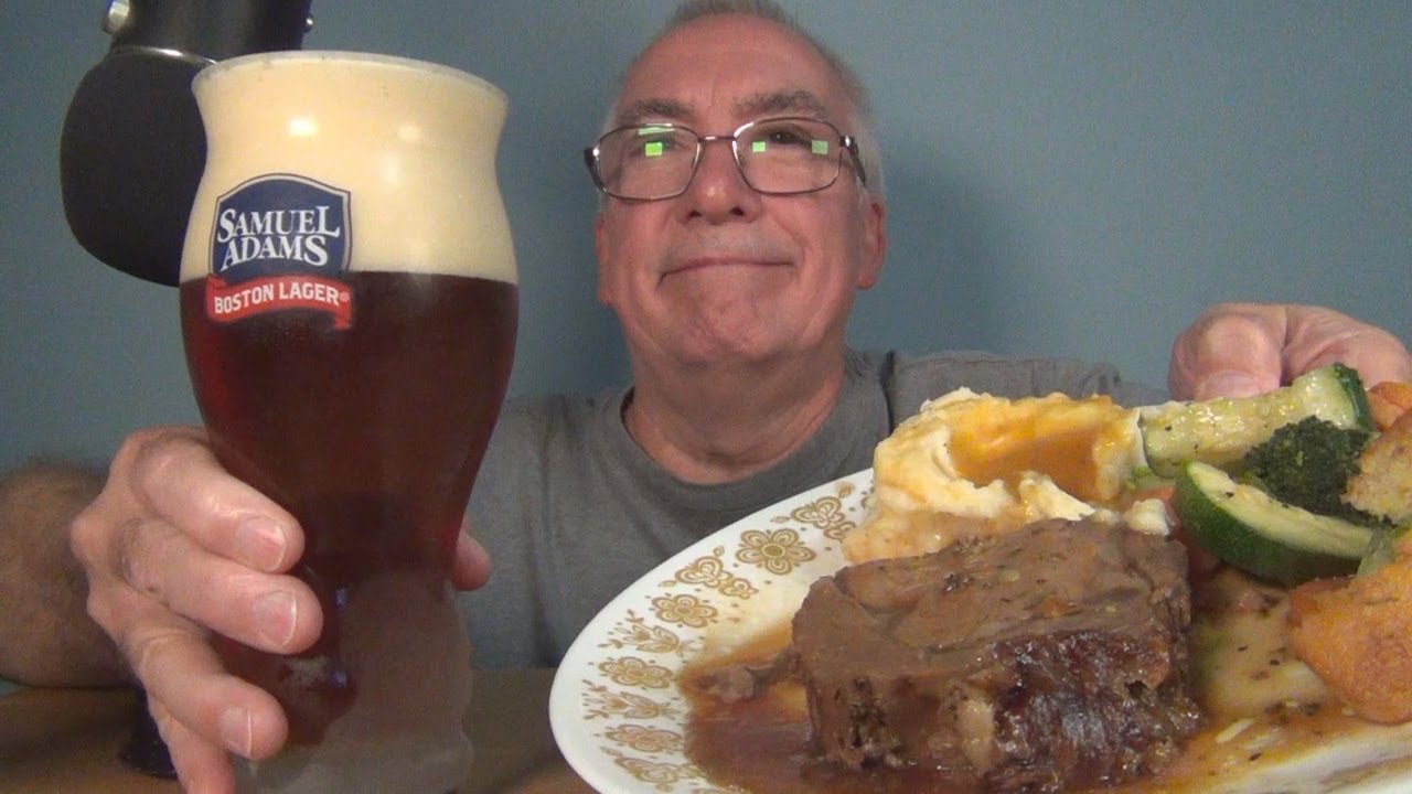 ASMR Eating Boston Market Prime Rib with Sam Adams Octoberfest