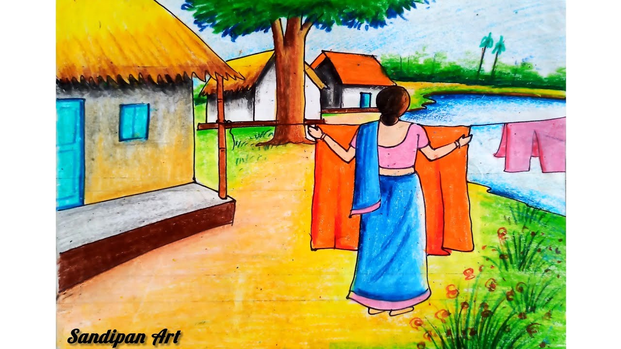 গ্রামের বধূ কাপড় রৌদ্রে দিচ্ছে সিনারি আঁকা / how to draw scenery with working women / scenery