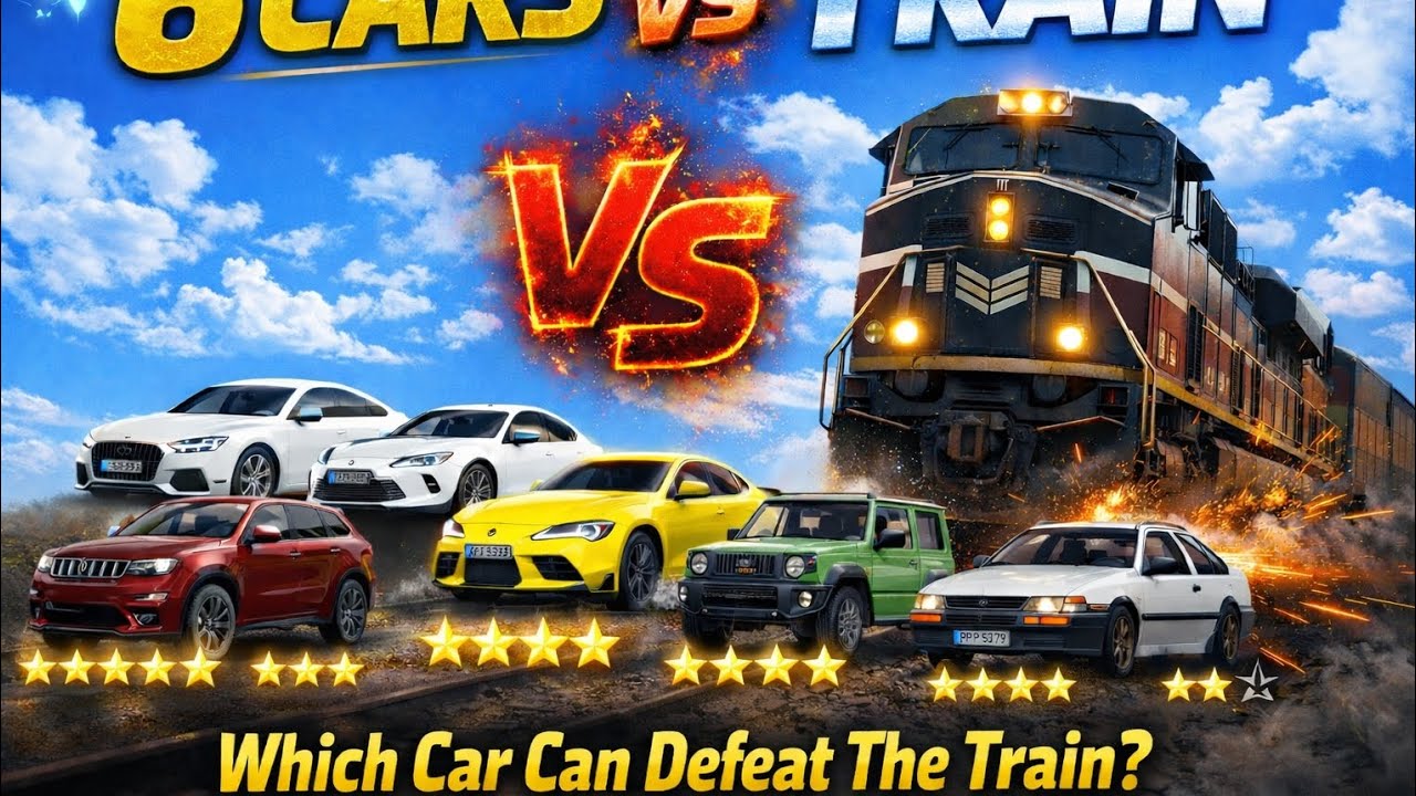 6 cars vs train #jimnyvstrain#supra #train #supercars #racing #gaming 