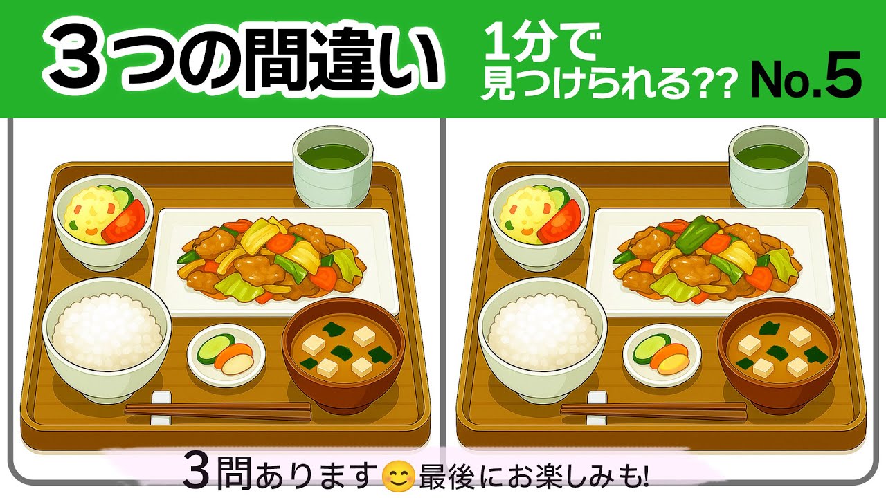 【間違い探し5】脳トレに！3つの間違いに1分で挑戦！牛丼・オムライス・肉野菜炒め定食の間違いはどこだ？！｜No.5  #無料