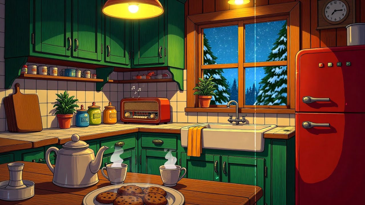 1930s vintage oldies music a quiet rainy night in cozy kitchen nook with fireplace sounds