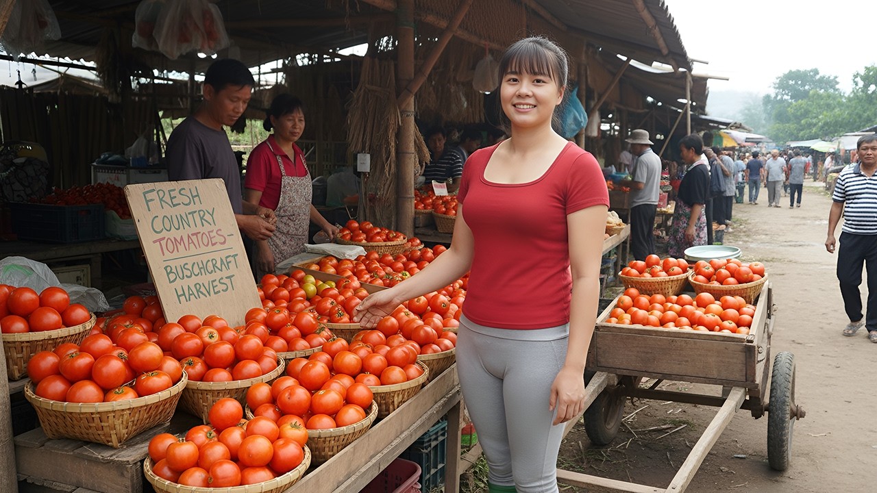Cosecha Tomates Frescos y Limpios en la Granja y Va al Mercado Rural a Vender