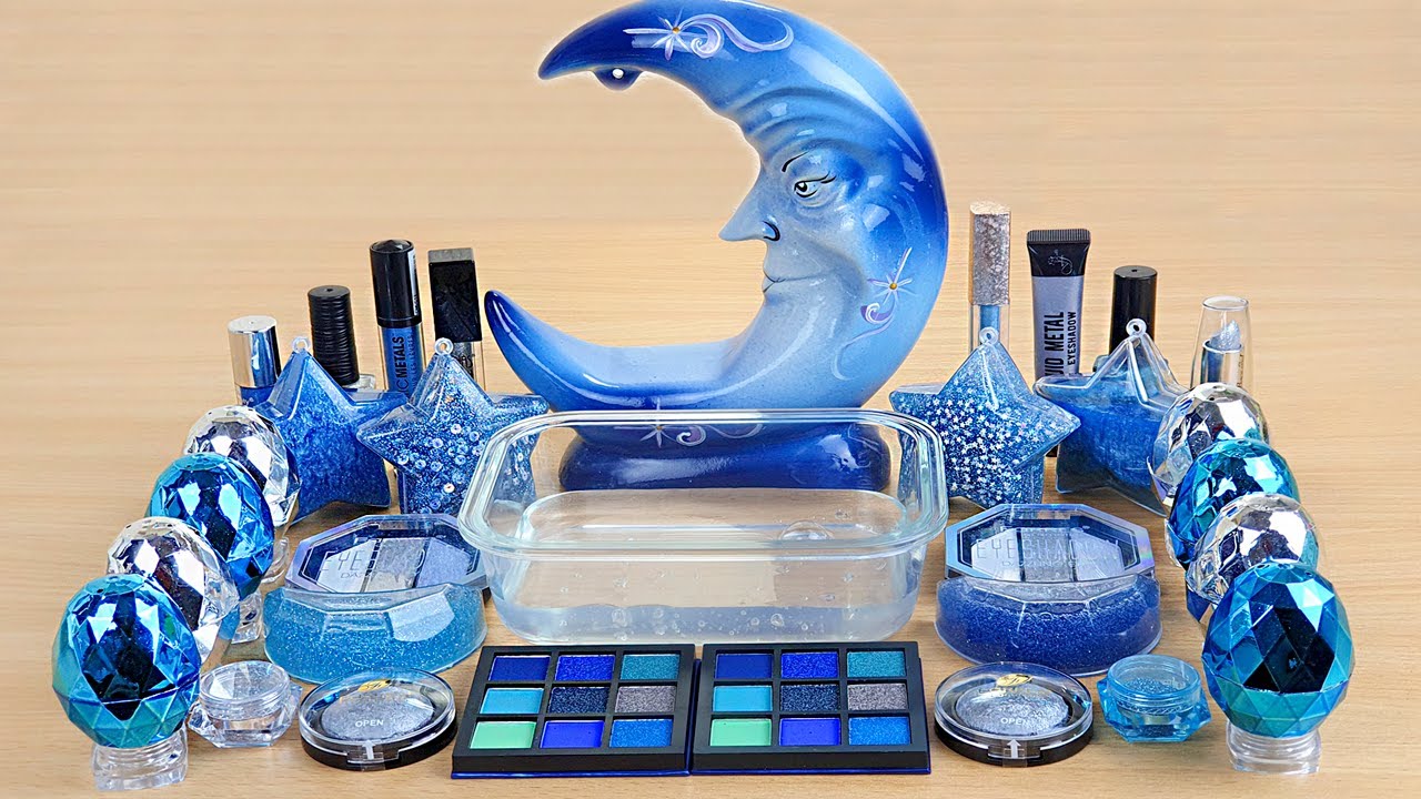 MOON SLIME Mixing Blue Silver Makeup and glitter into Clear Slime Satisfying Slime Videos