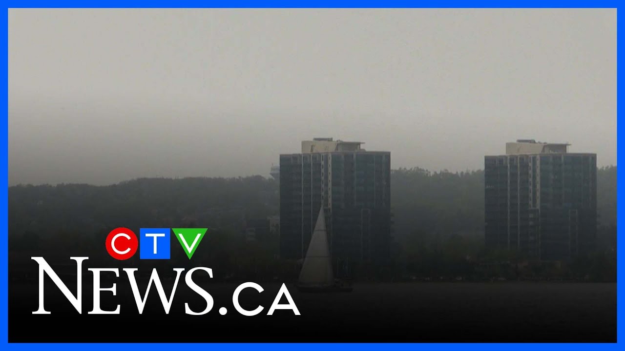 Barrie skyline blurred by haze from wildfires