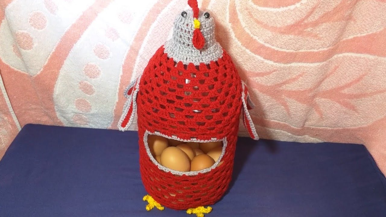 كروشي سلة أوحاملة البيض بقارورة بلاستيكة على شكل  دجاجة🐔🐔 يمكنك ان تزيني بها  مطبخك