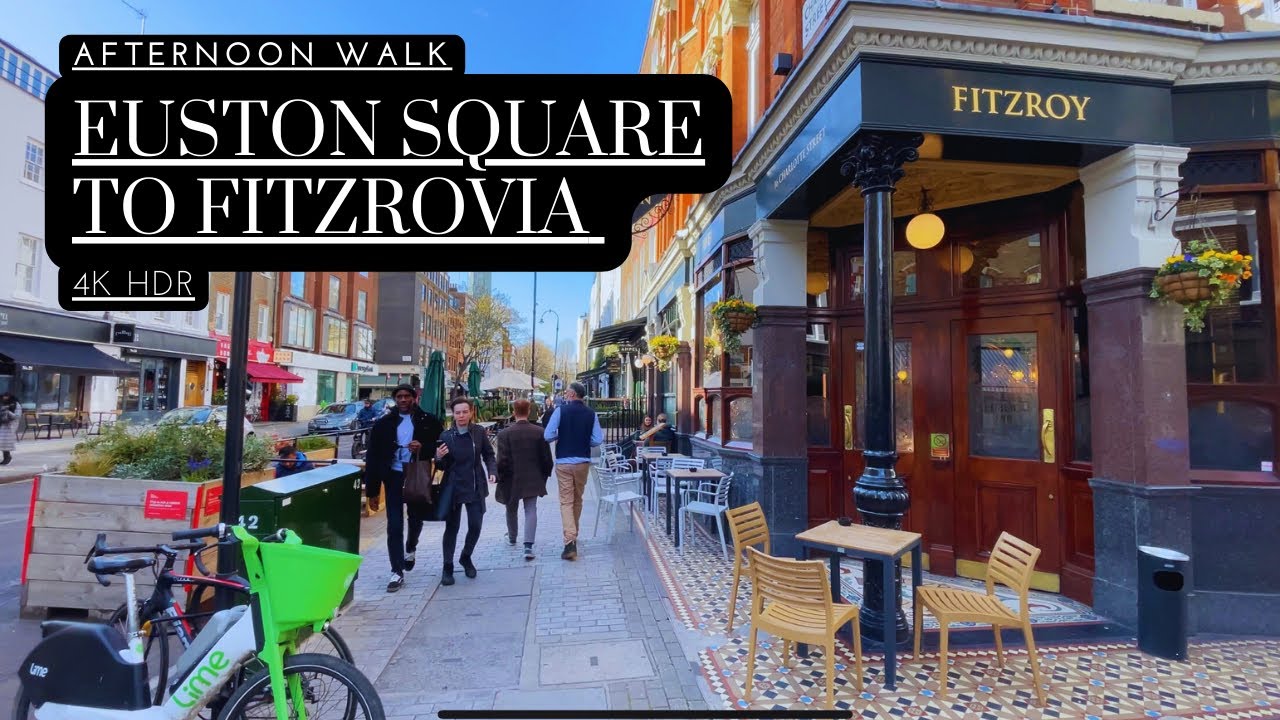 Sunny Euston Square stroll to Fitzrovia. Enjoy London West End in 4K HDR.