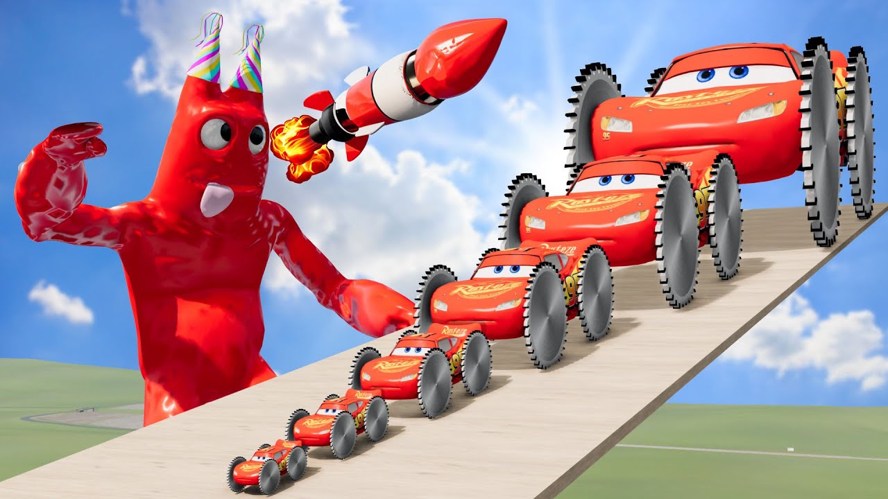 Big & Small Lightning Mcqueen with Saw wheels vs Banban Makes Obstacle Courses | BeamNG.Drive
