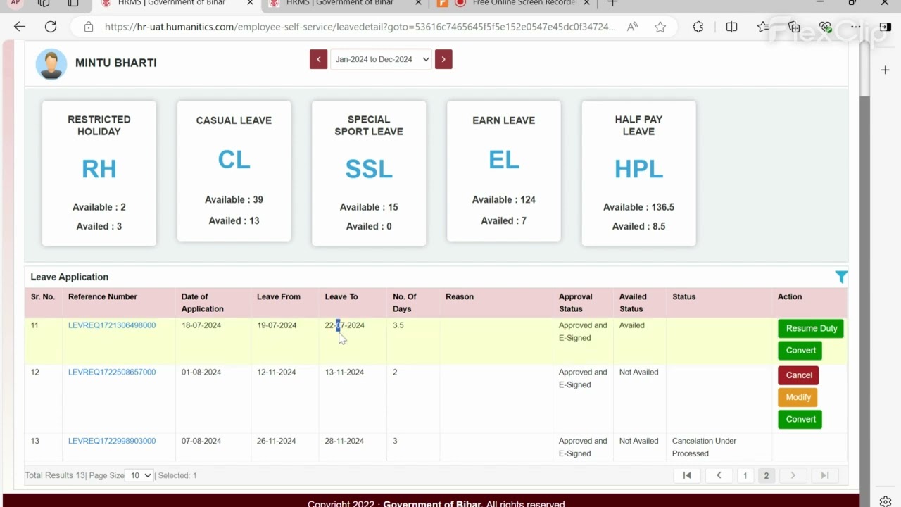 Bihar HRMS - RESUME DUTY