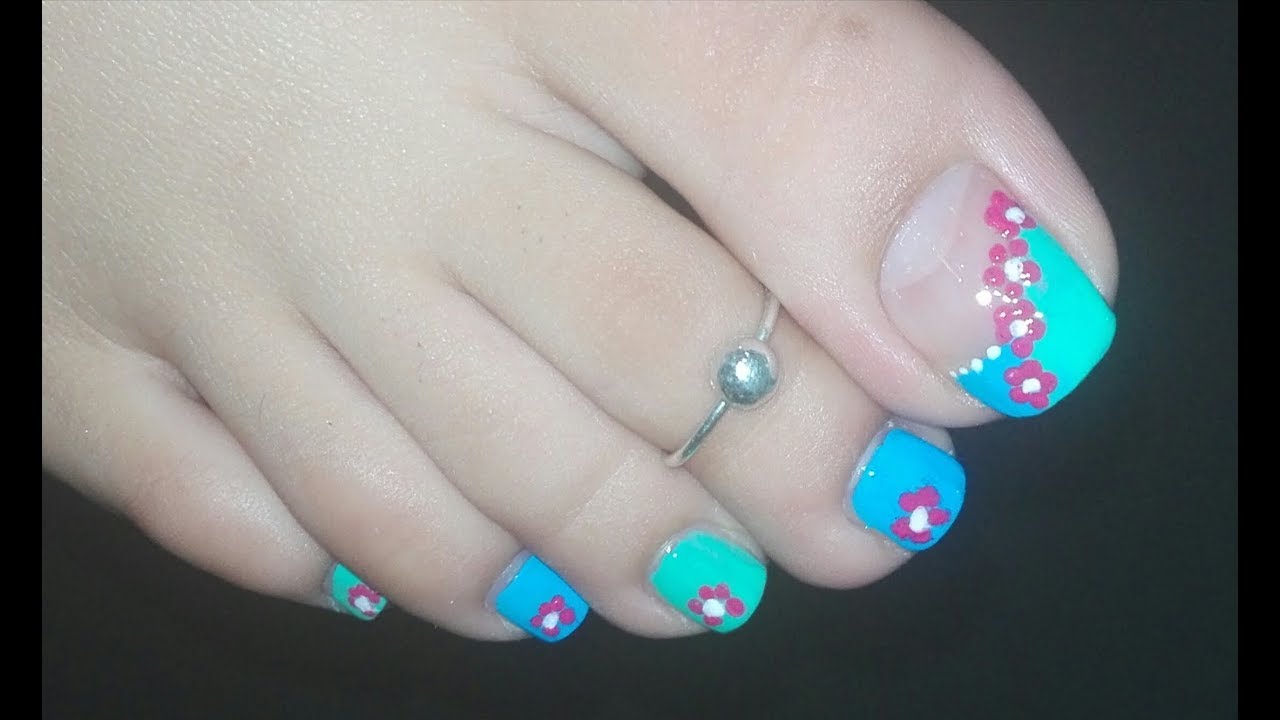 DIY Blue French Pedicure with Hot Pink Flowers: Toenail Art Tutorial for Spring/Summer | Rose Pearl