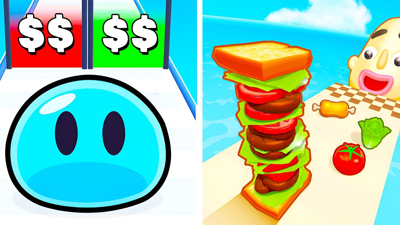 Slime Run Race VS Sandwich Runner 🟢🥪 Прохождение всех уровней, максимальное обновление, мобильная...