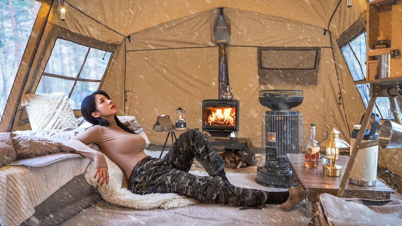CAMPING IN THE SNOW WITH A NEW BASE SHELTER | SOUNDS OF NATURE