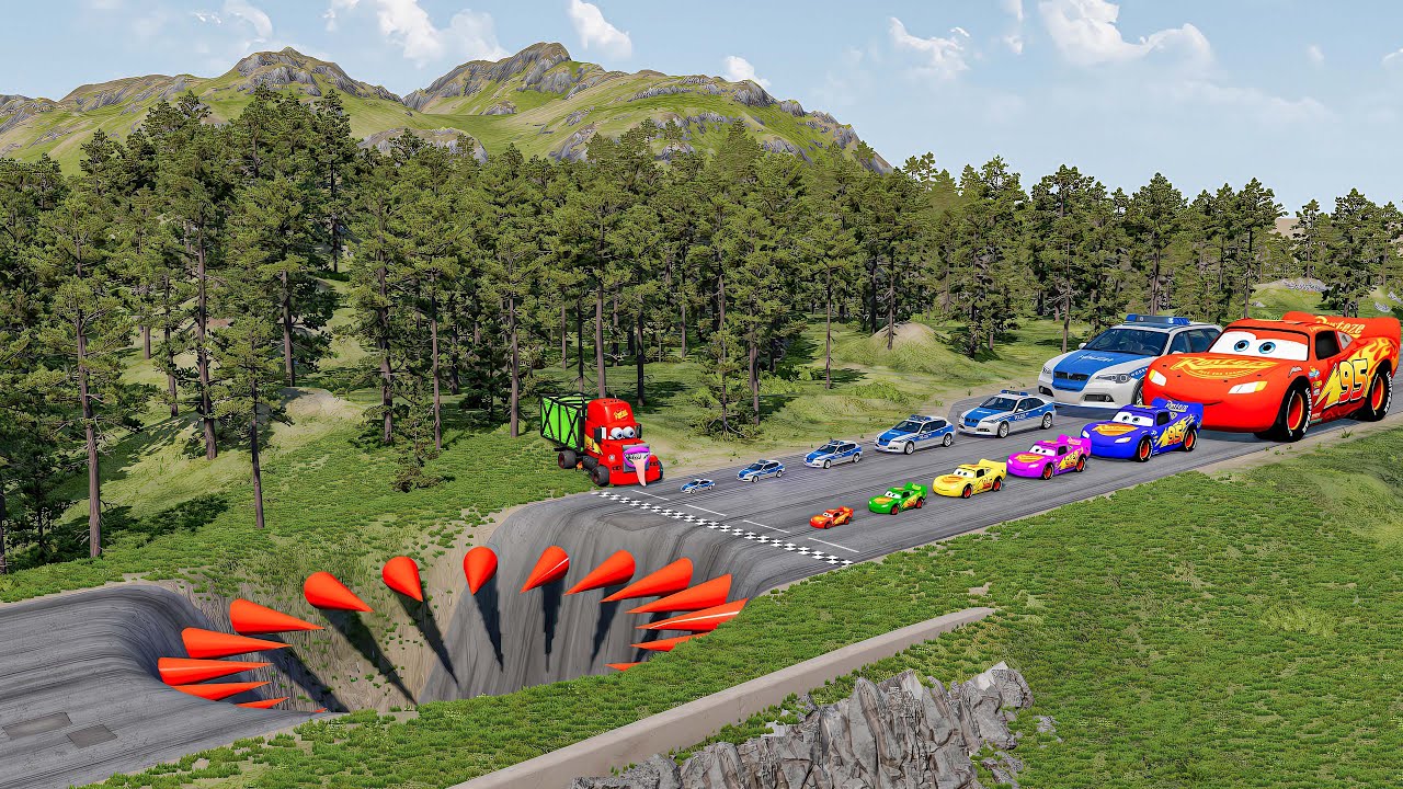 Big & Small McQueen, Police Cars & Zombie Mack vs Spikes Challenge – BeamNG.drive