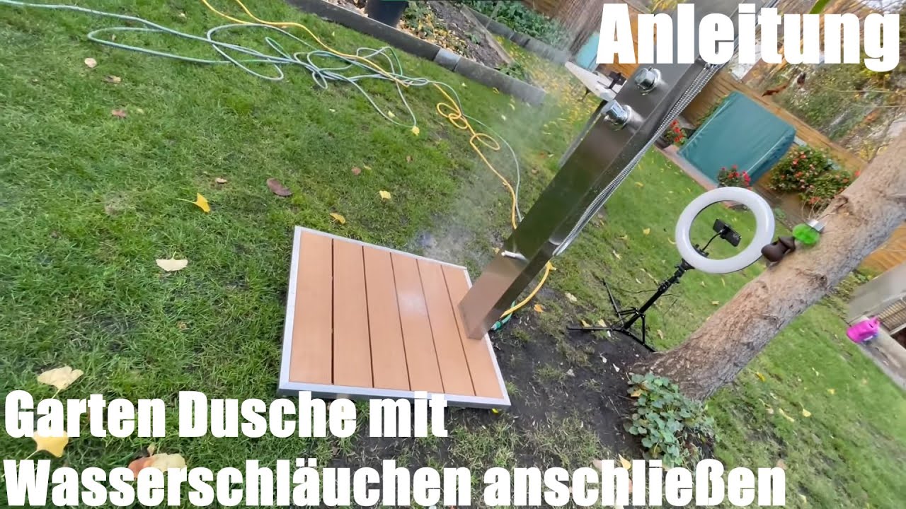 Garten Dusche m. Wasserschl&auml;uchen anschlie&szlig;en - Elbe Pooldusche Wasserversorgung m. Gardena Schlauch