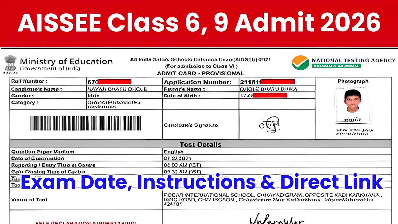 AISSEE 2026 Admit Card important instructions | How to Download Sainik School 2026 Admit Card 6, 9