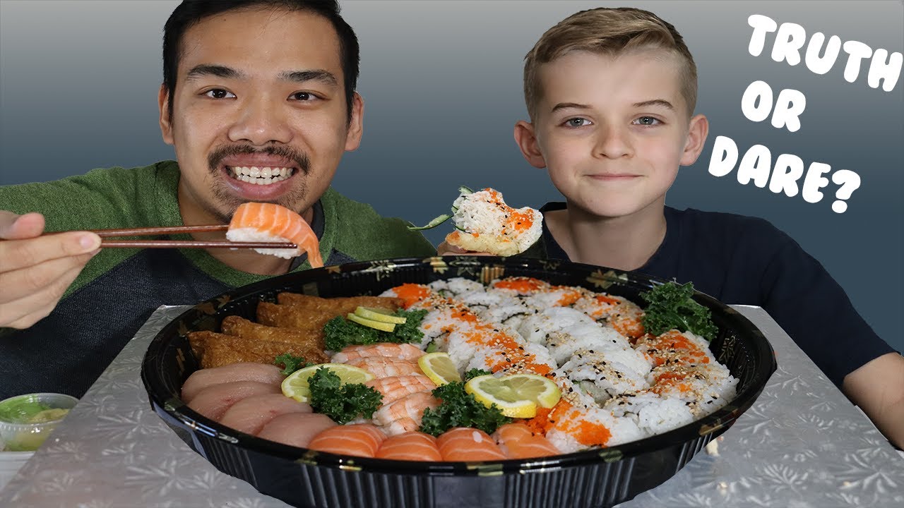 GIANT SUSHI TRAY! SALMON/TUNA/EBI NIGIRI, DYNAMITE ROLL, BC ROLL, ALASKA ROLL - TRUTH OR DARE?
