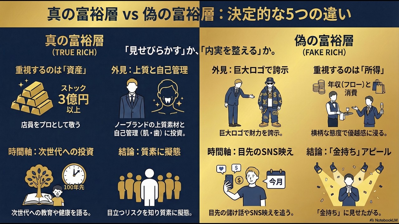【AI解説】【富裕層】『「真」の富裕層と「偽」の富裕層の違い』：流動資産3億円以上を保有する真の富裕層と、高収入ながら消費に追われる偽の富裕層を識別するための対比ガイド、「本物のお金持ち」の見分け方