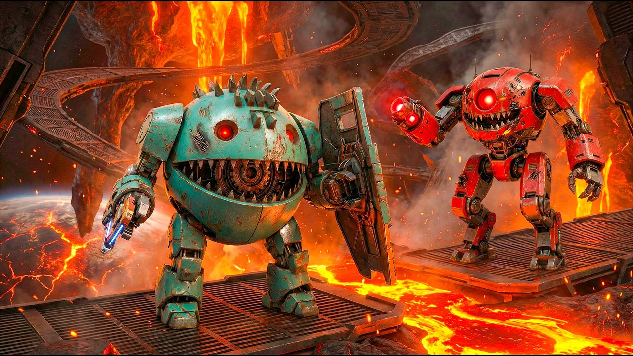 Pacman and Walking Robot Blade Battle Lava Robot in a Shifting Orbital Labyrinth