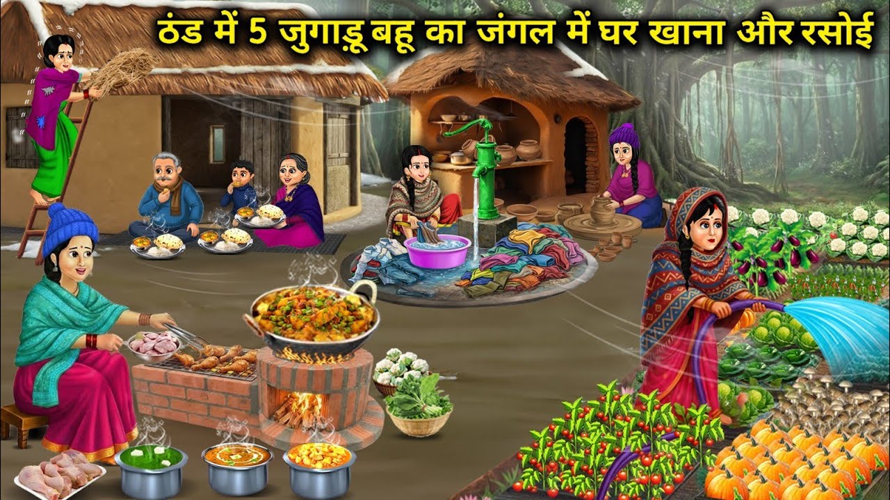 ठंड में 5 जुगाड़ू बहू का जंगल में घर खाना और रसोई | 5 resourceful daughters-in-law | Cartoon Video