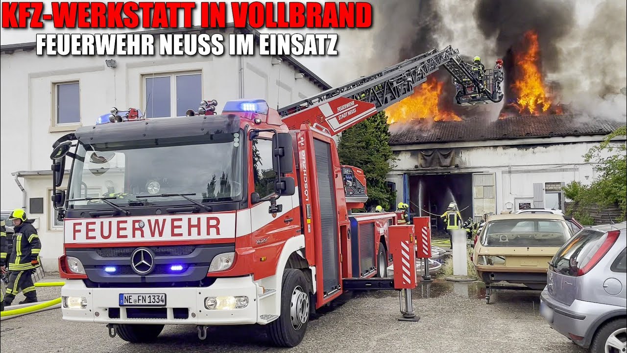 [KFZ-WERKSTATT IN VOLLBRAND!] - Starke Rauchentwicklung | Halle ausgebrannt | Feuerwehr Neuss -