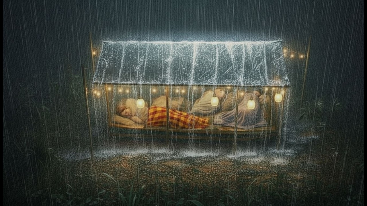 Кемпинг во время сильной грозы с непрекращающимся дождем // Строительство укрытия из пластика