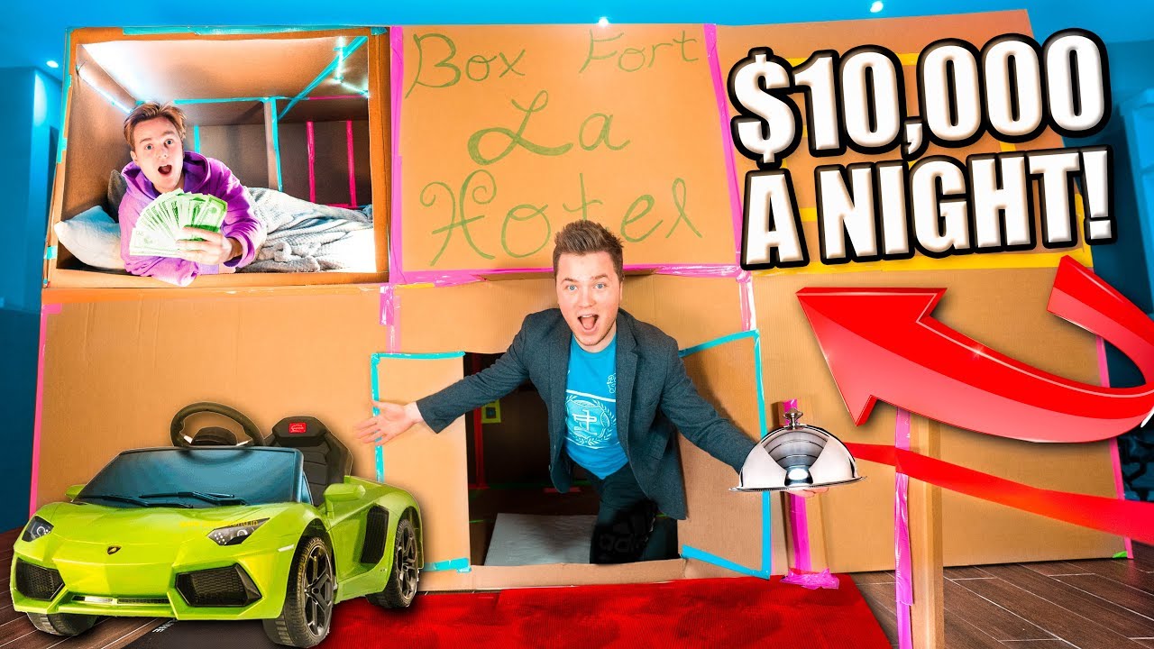 WORLDS Most Expensive 2 STORY Box Fort Hotel (24 Hour Challenge)