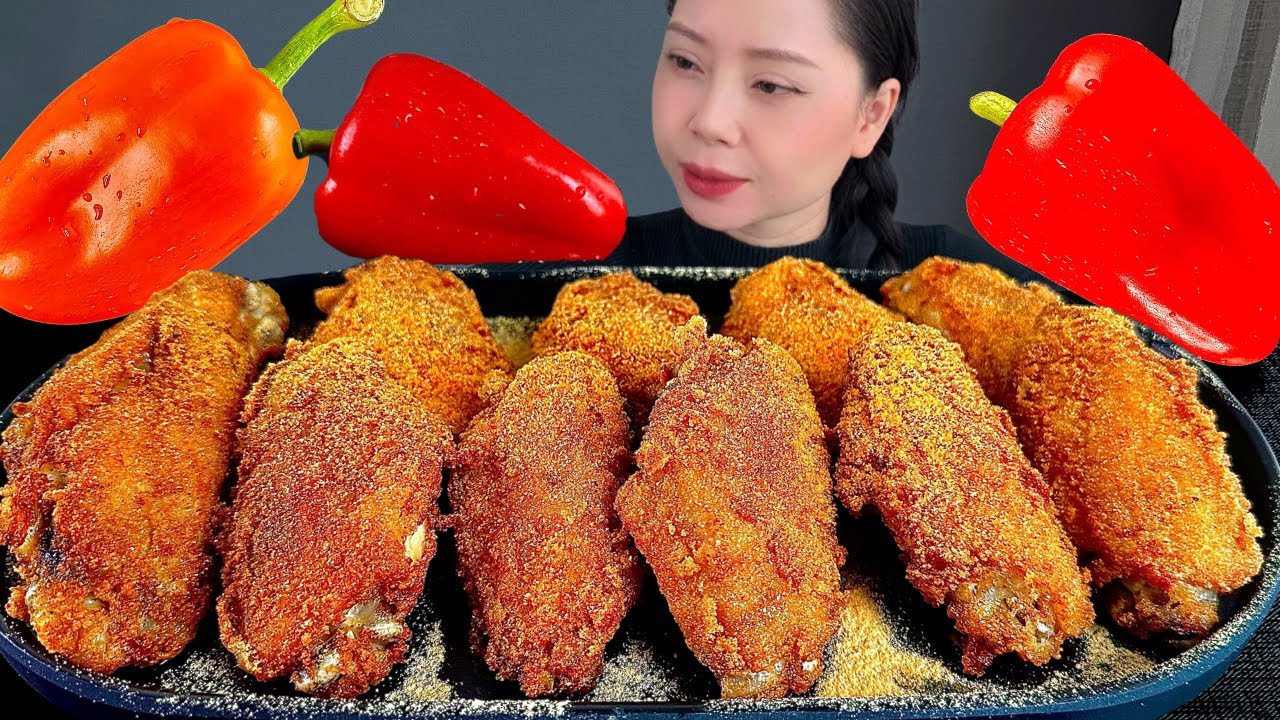 ASMR MUKBANG FRIED CHICKEN WINGS 🍗 CRISPY WITH SWEET BELL PEPPERS | COOKING & EATING SOUNDS