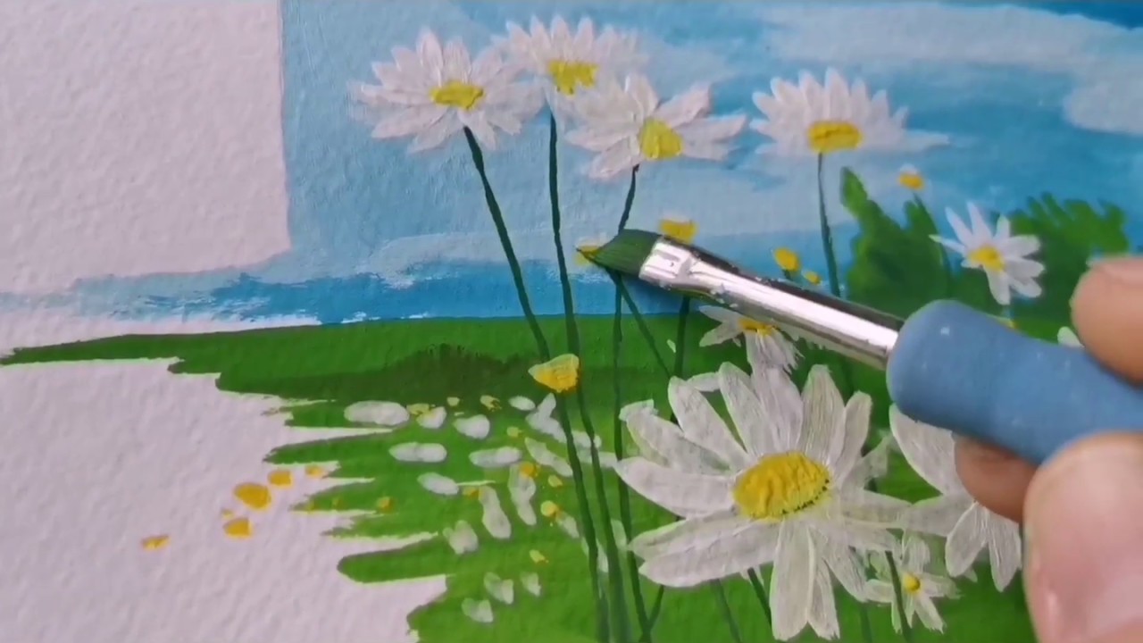 Cours ASTUCES Gouache 😉 comment réaliser un champ de marguerites vidéo tuto pas à pas