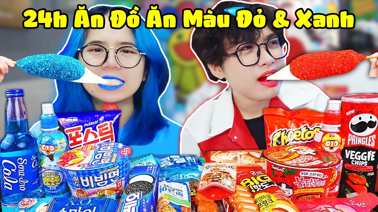 Kairon Và Mèo Simmy Thử Thách 24H ĂN TẤT CẢ ĐỒ ĂN MÀU ĐỎ VÀ MÀU XANH 💖💙