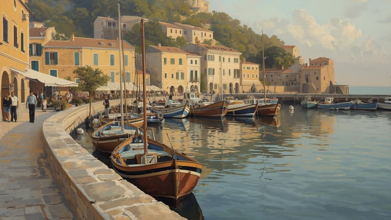 Italian Coastal Village with Harbor Boats Painting | Frame TV Art Display | 2-Hour Screensaver