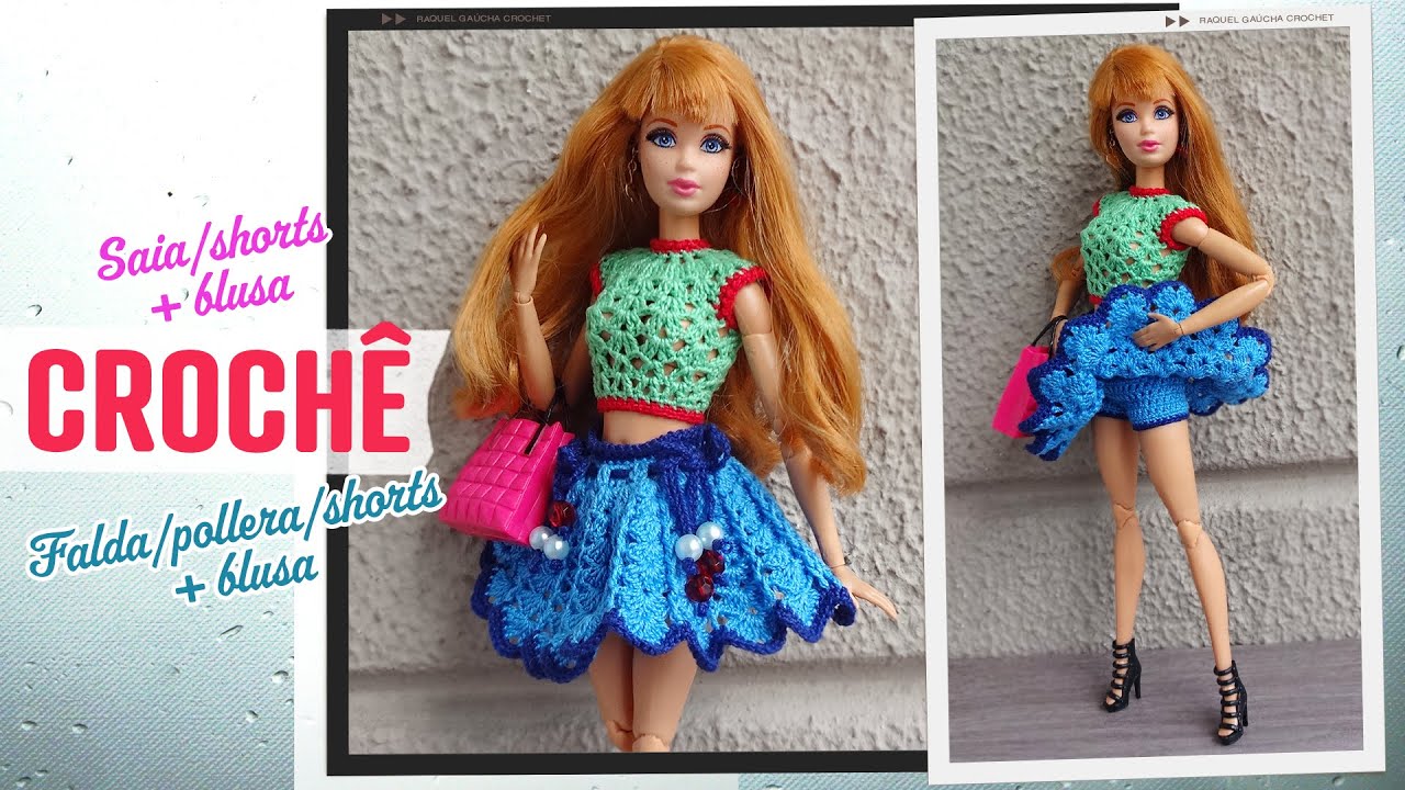 Saia/shorts e blusa de crochê para bonecas