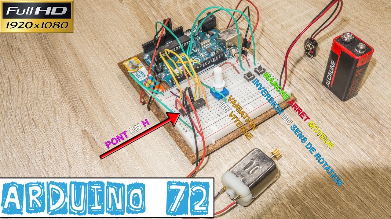 Arduino72-PRÉSENTATION du CÂBLAGE-PONT en H-Potentiomètre-2 Boutons Poussoirs-1 Moteur CC