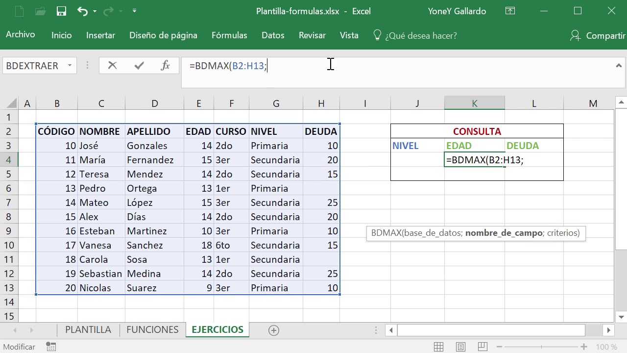 Función BDMAX en Excel