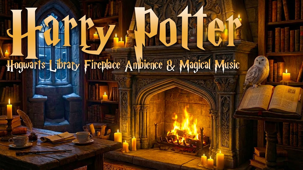 Hogwarts Library Fireplace Ambience 🔥 Winter Evening with Snow Outside | Harry Potter Music