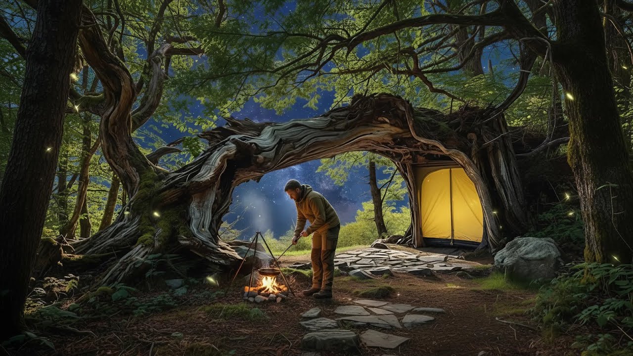 Hidden Forest Shelter Inside a Fallen Ancient Tree | Solo Survival Life