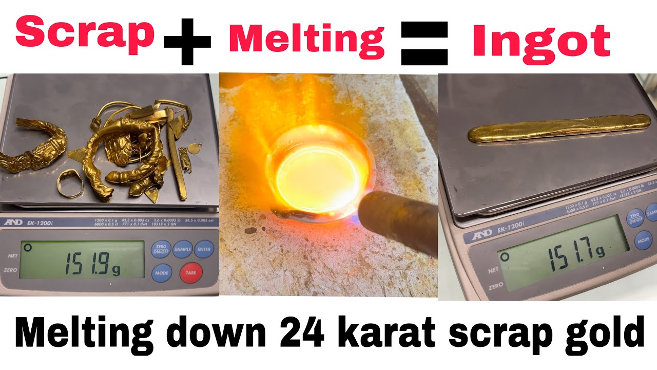 Melting down 24K pure gold jewelry scrap into long ingot