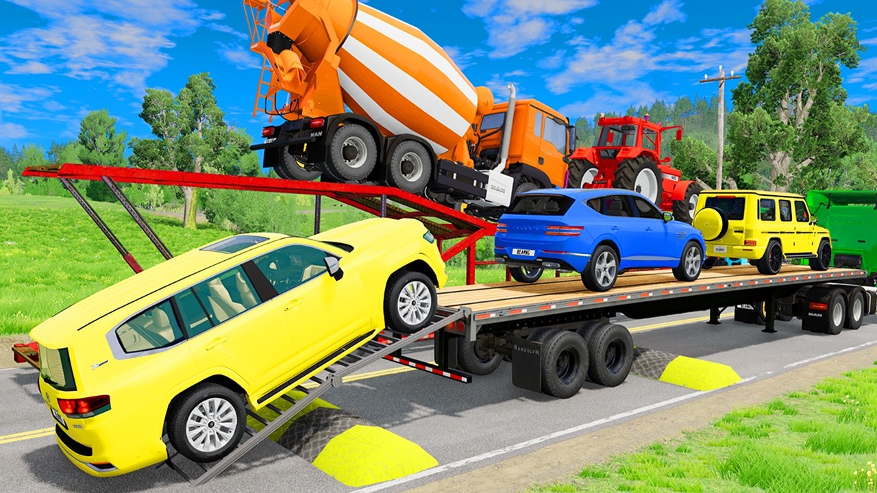 Flatbed Trailer McQueen Transportation with Truck - Speedbumps vs Cars vs Train #53 - BeamNG.Drive