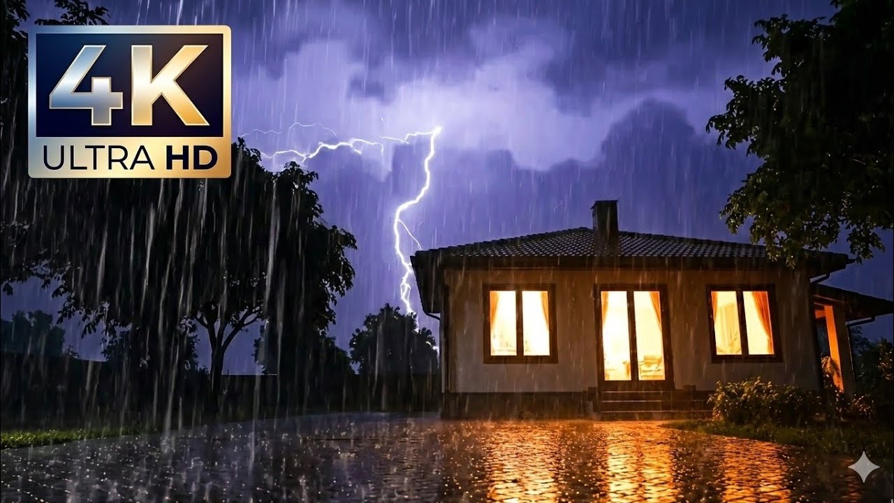 Night Thunderstorm Ambience | Heavy Rain Outside the House for Sleep