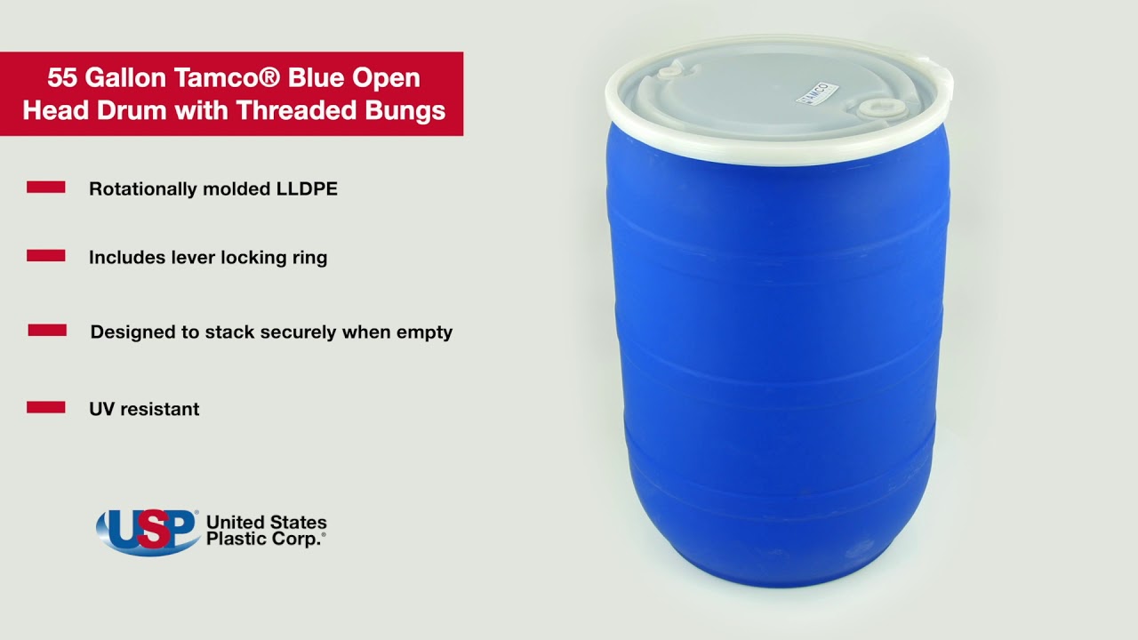 55 Gallon Blue Open Head Drum with Threaded Bungs | U.S. Plastic Corporation&reg;