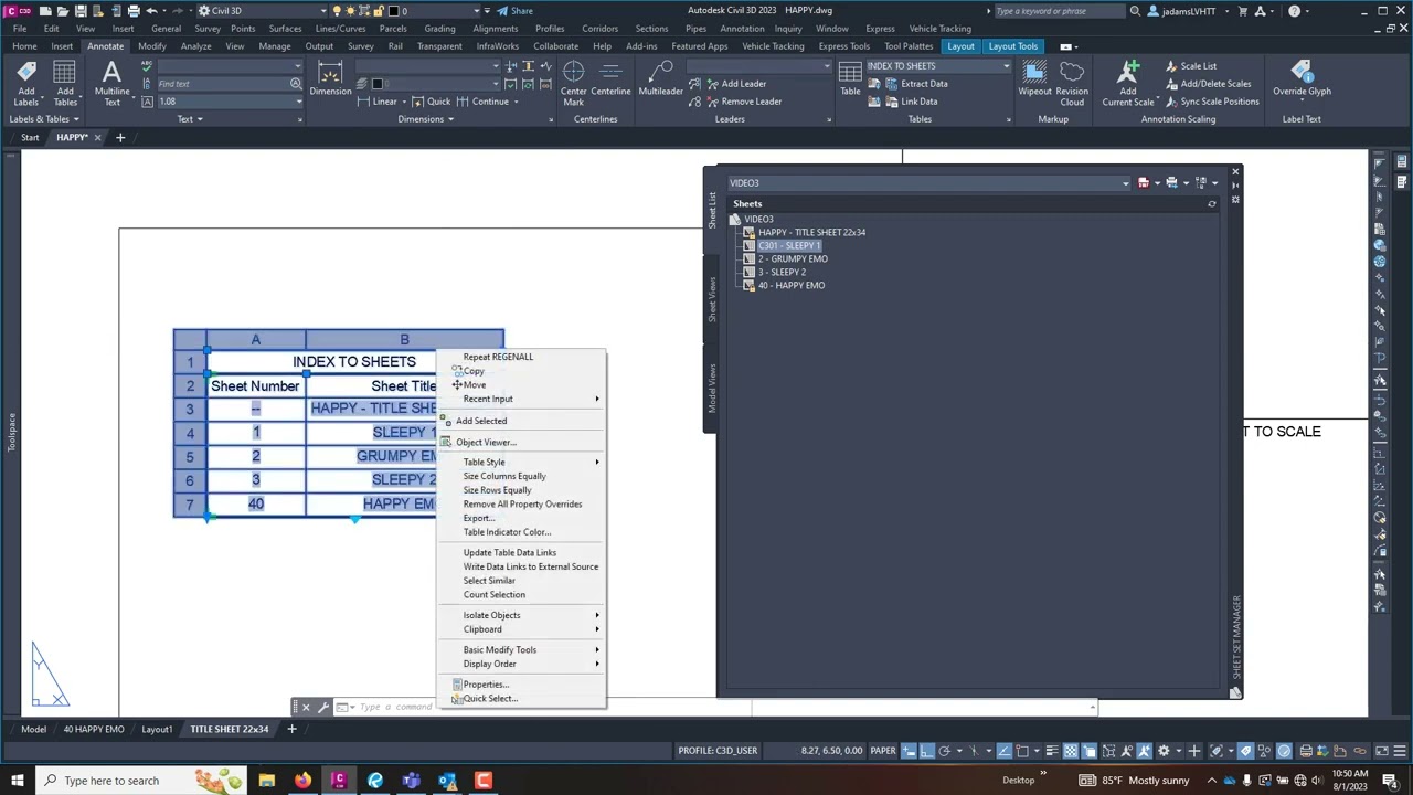 Civil 3D - Using Sheet sets to insert an index to sheets