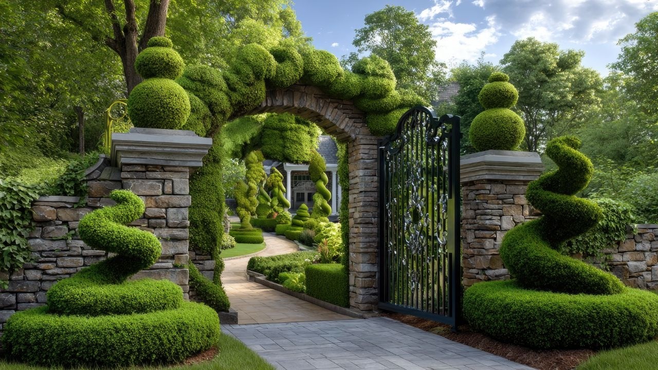 Luxury Garden Arches With Sculptural Topiary For Elegant Mansions