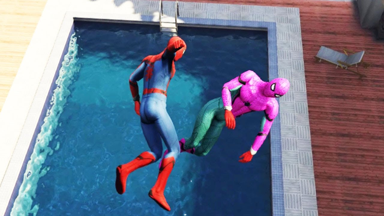 GTA 5 Rainbow Spiderman Falling Into Pool (Spider Man Ragdolls & Falling) #1