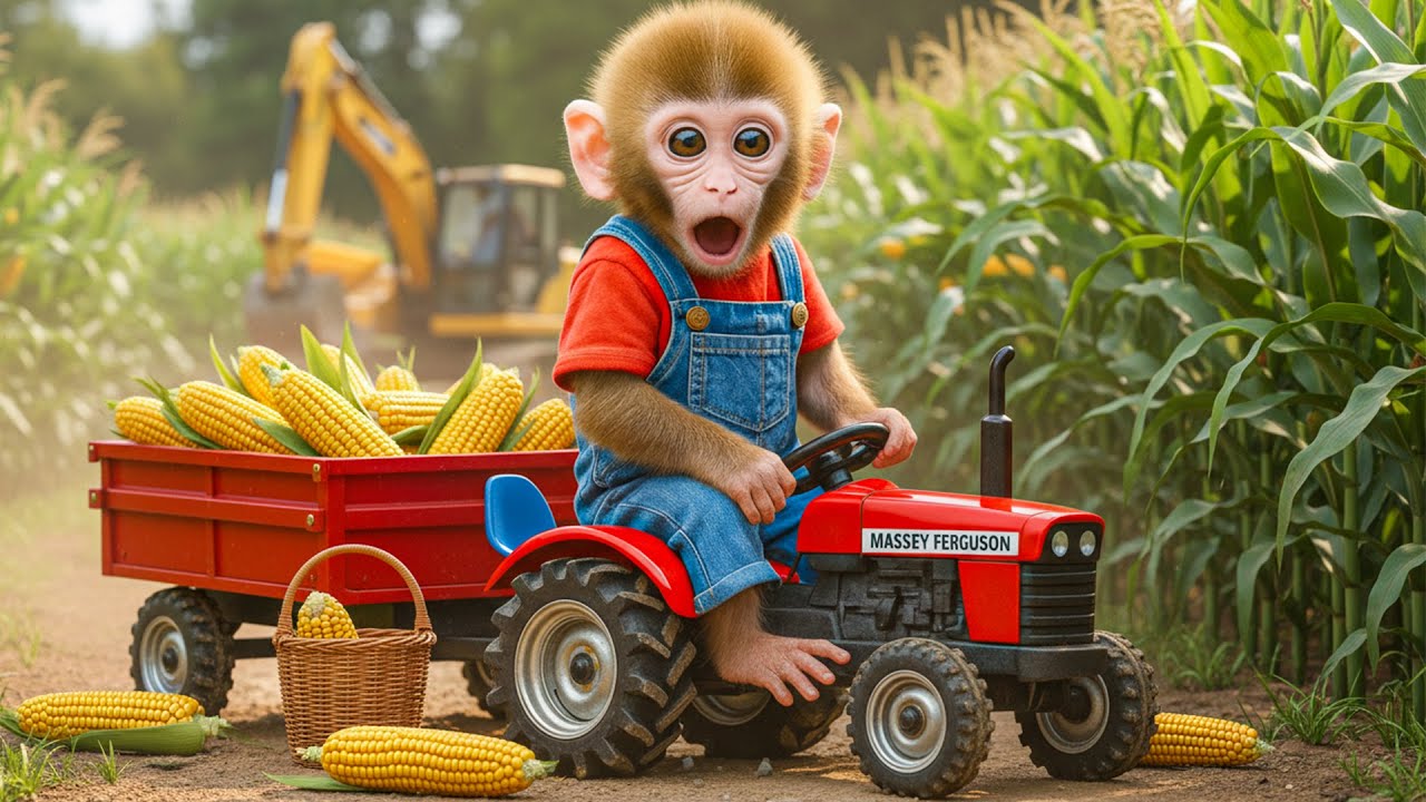 Baby Monkey Nana Drives Tractor Harvesting Corn Plants On Farm &ndash; Monkey Farm Work 🐒🌽🚜