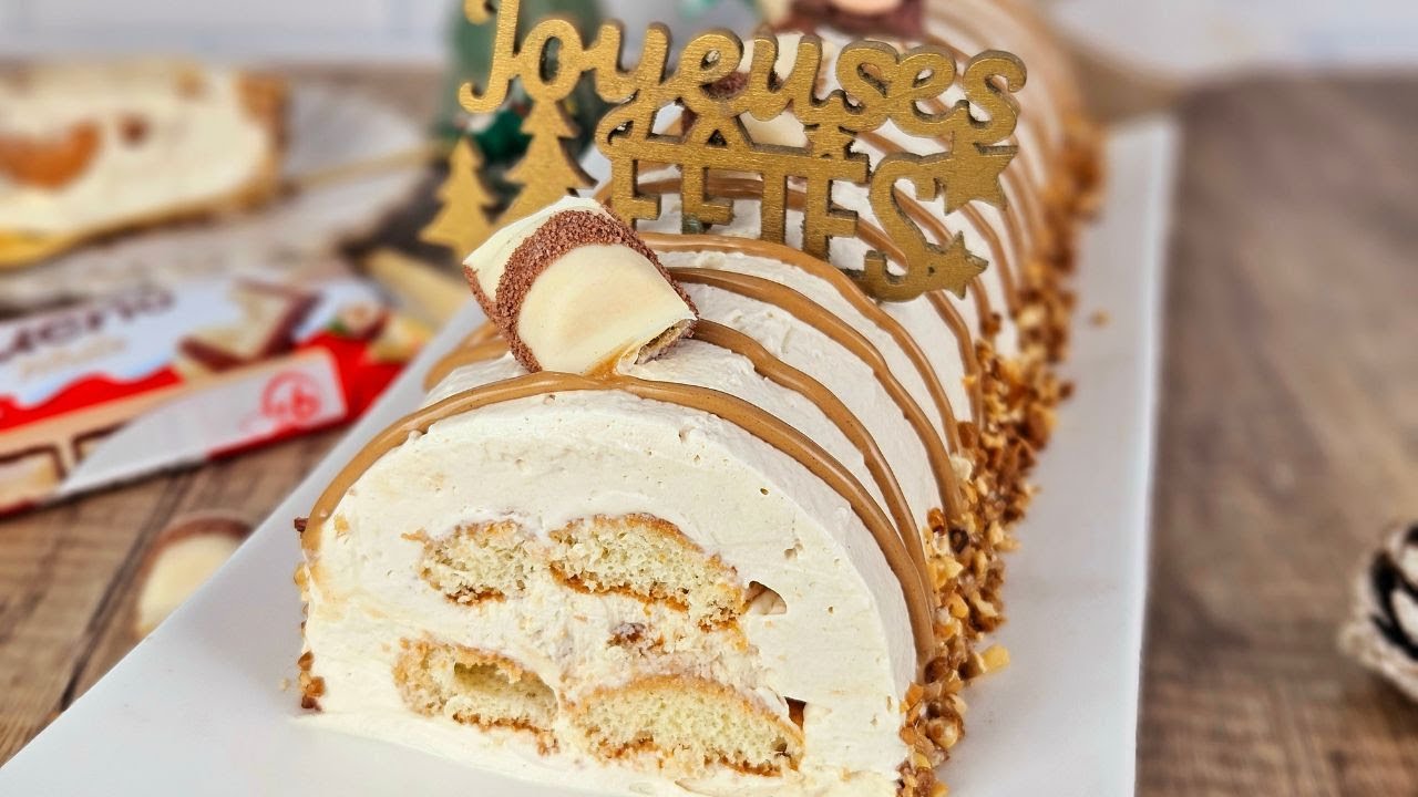 Bûche Kinder Bueno White sans cuisson 🍫 | Recette facile, rapide et ultra gourmande pour Noël 🎄