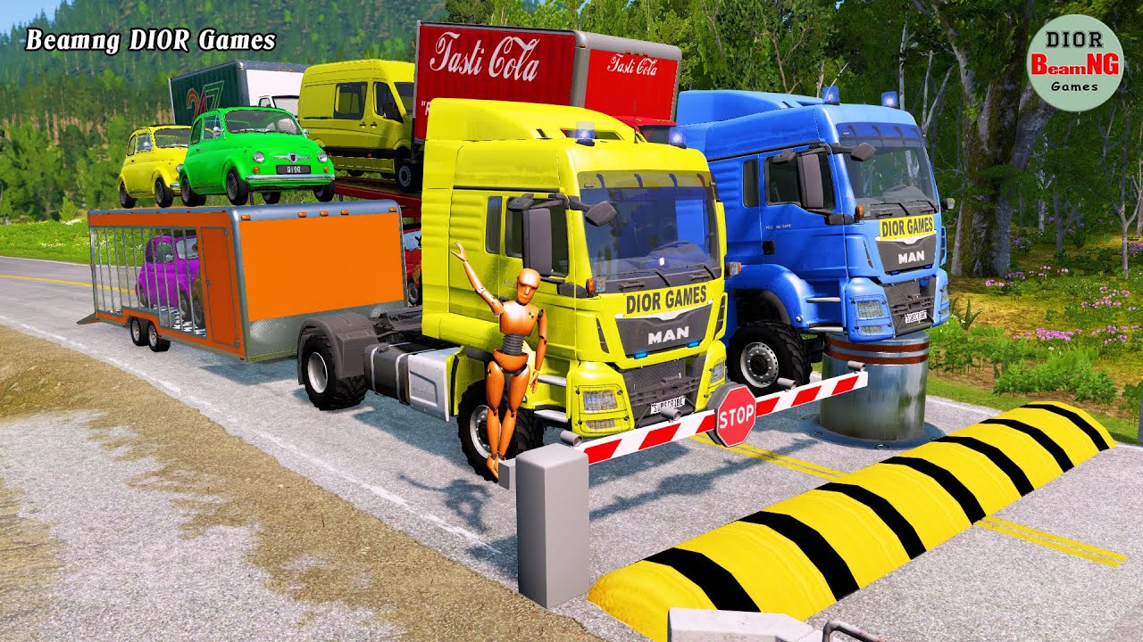 Double Flatbed Trailer Truck cars vs rails tractor vs train cars vs bollards Beamng Drive 422