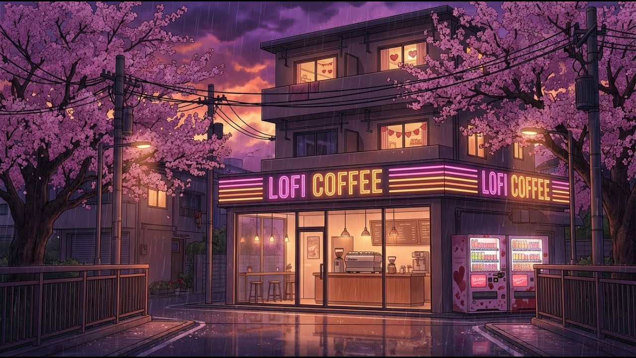🌧️ Calm Valentine Evening Rain Lofi Study Beats 💗📚 Neon Sakura Bridge Lookout Coffee ☕