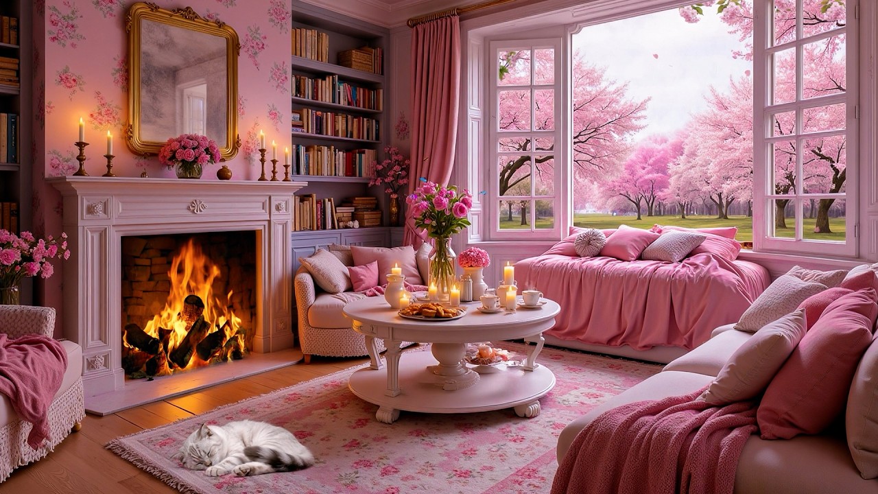 Beautiful Pink Cozy Room with Fireplace 🌸 Relaxing Piano Music for Stress Relief & Sleep