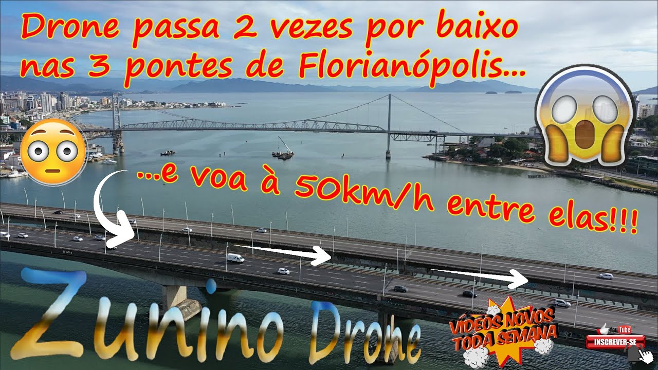 Drone passa por baixo das Pontes Hercilio Luz, Colombo Salles e Pedro Ivo Campos em Florianópolis
