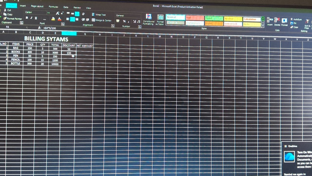 How creat billing system table 8n excel kannada #excel 